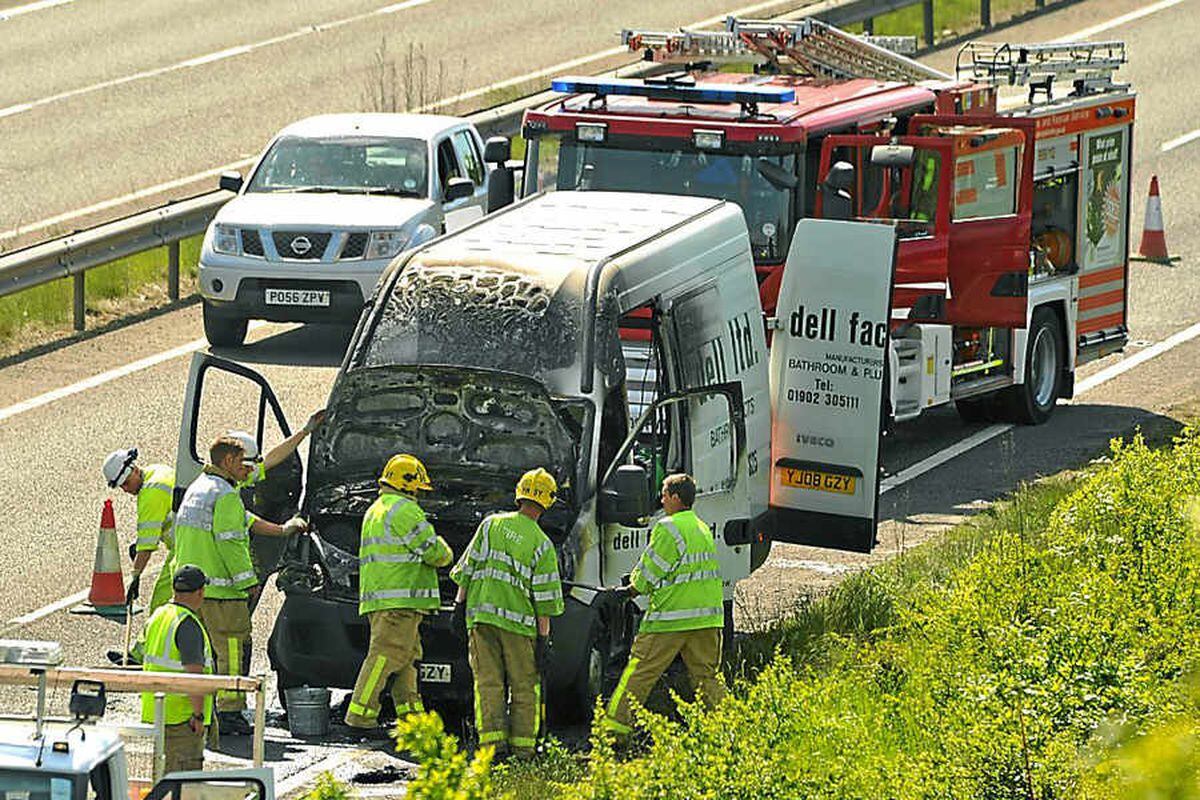 The van which caught fire near the Preston Island on the A5