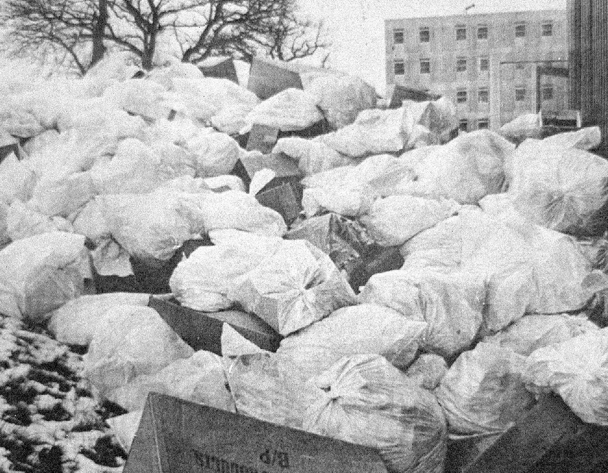 Rubbish piled up outside Royal Shrewsbury Hospital in February 1979