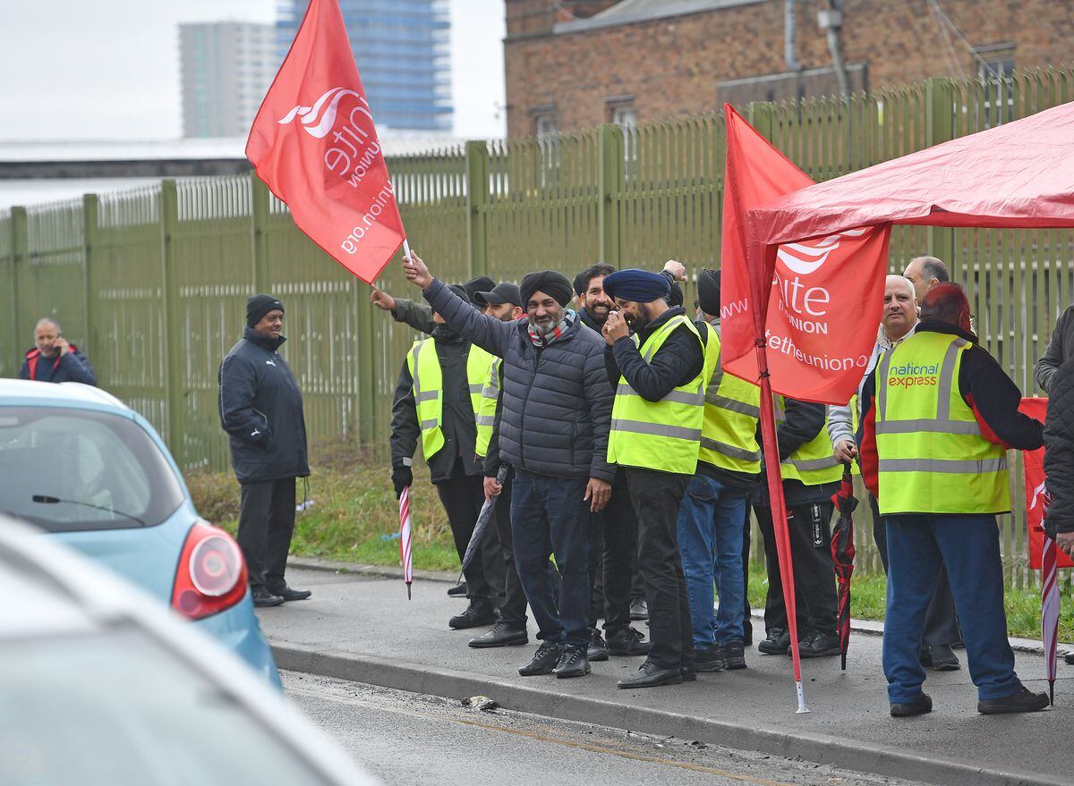 Dozens of workers are out in force on the picket line at the National Express Wolverhampton garage on Park Lane