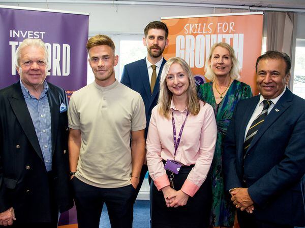 Telford Skills Support speakers: From left, Graham Wynn OBE, Chair of Telford’s UKSPF Panel, Smash Life’s Andy Smith, Shropshire Chamber’s Matthew Lowe, Telford College CEO Janet Stephens, Katherine Kynaston, of Telford & Wrekin Council and Harper Adam’s Parmit Chima. 
