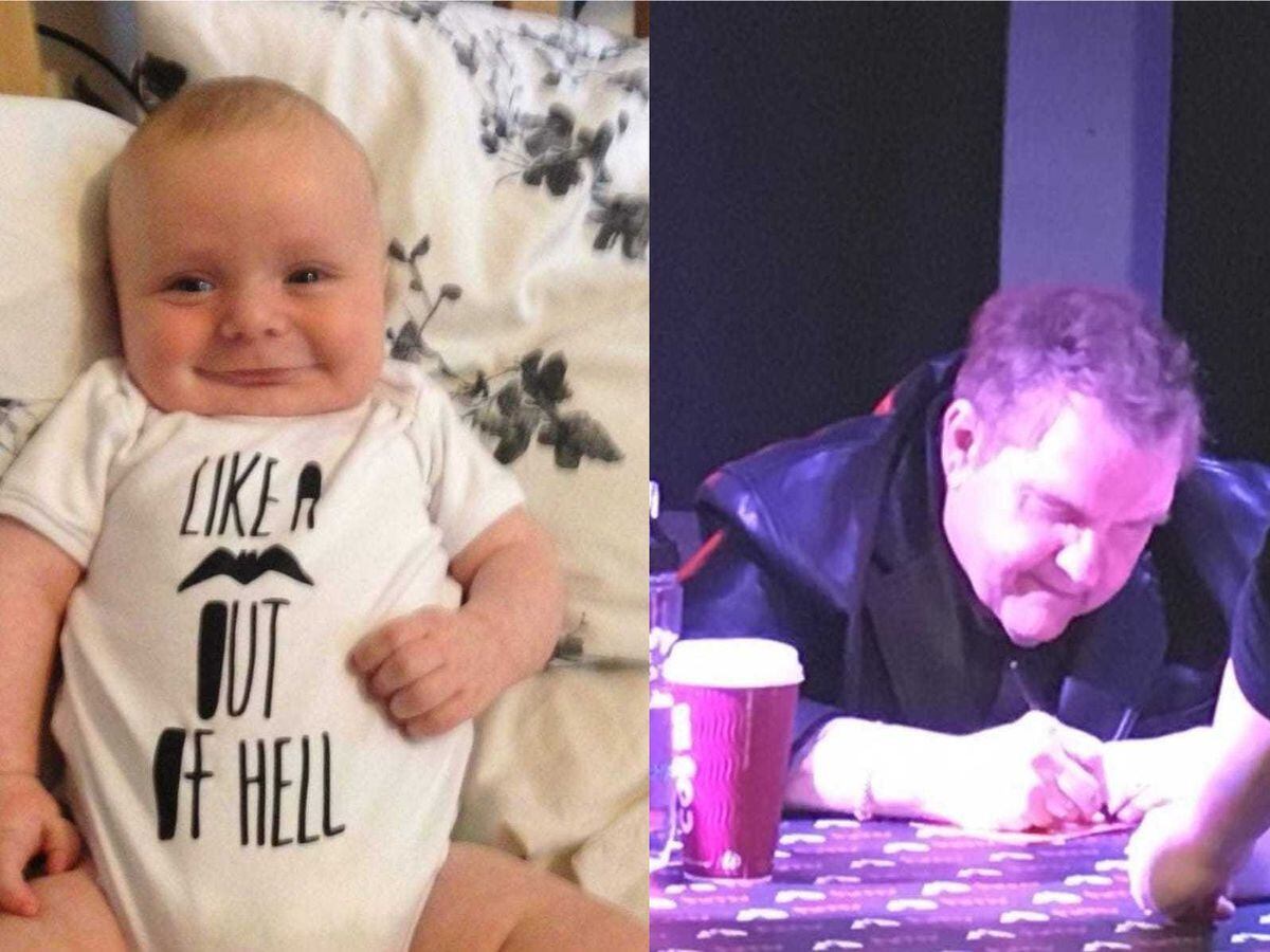 Baby Meat Loaf onesie and the singer signing autographs