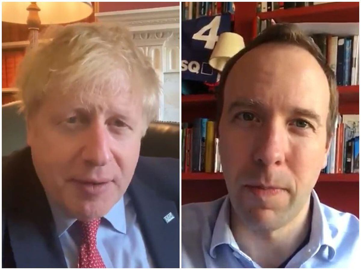 Prime Minister Boris Johnson, and right, Health Secretary Matt Hancock, both revealed in videos today that they have tested positive for Covid-19