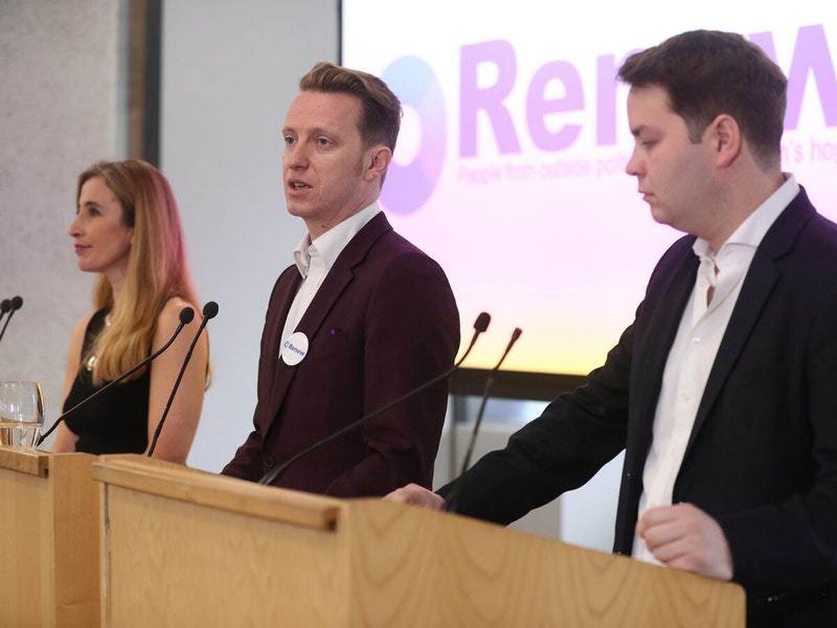(left to right) Co-leaders Sandra Khadhouri, James Clarke and James Torrance at the launch of the new anti-Brexit party Renew (Jonathan Brady/PA)