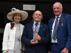 The RWAS President for 2023, John Homfray with wife Jo and Dr Fred Slater at the Royal Welsh Show Awards Ceremony. 