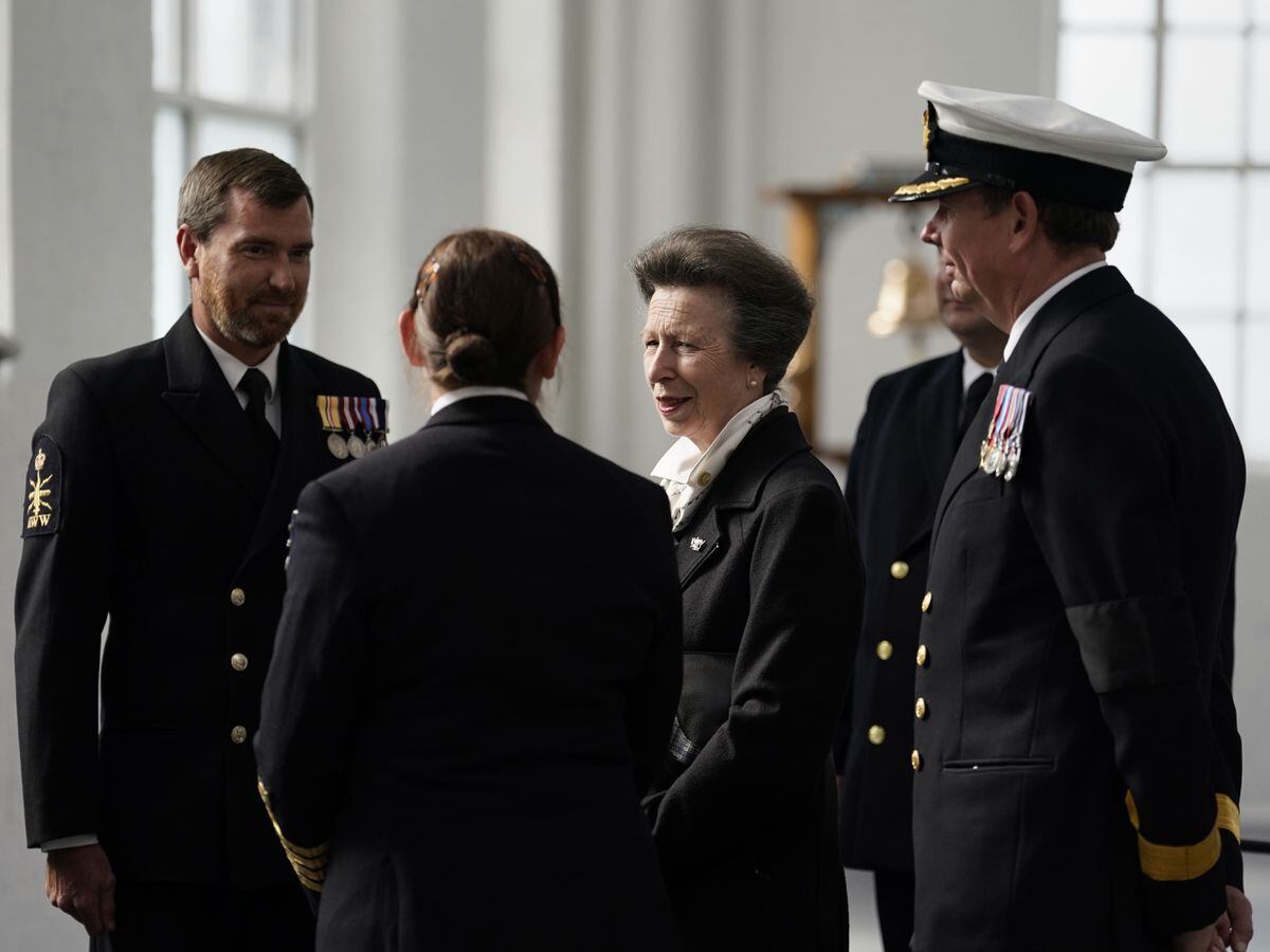 The Princess Royal, as Commodore-in-Chief Portsmouth, meets Royal Navy personnel at Portsmouth Naval Base who took part in the Queen’s funeral procession