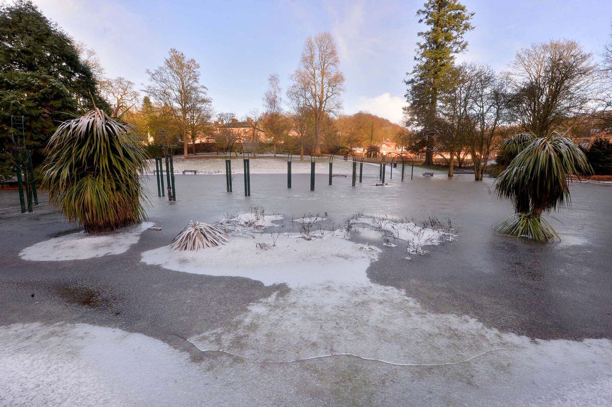 Snow and icy water that has pooled in Dale End Park, Ironbridge