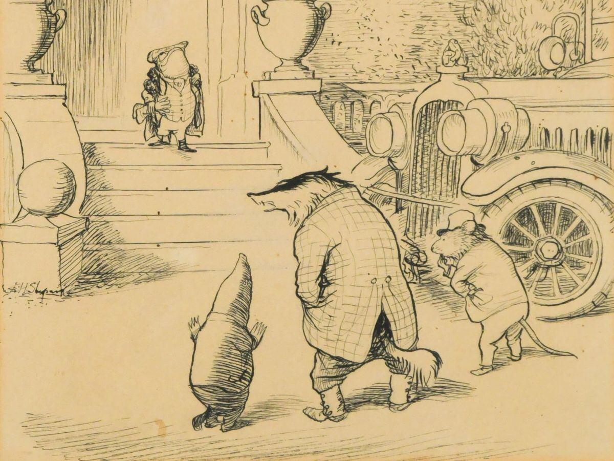 An original illustration for Wind in the Willows, showing Mr Toad, Ratty, Badger and Mole outside Toad Hall, has sold at auction for Â£33,644. (Cheffins auctioneers/ PA)