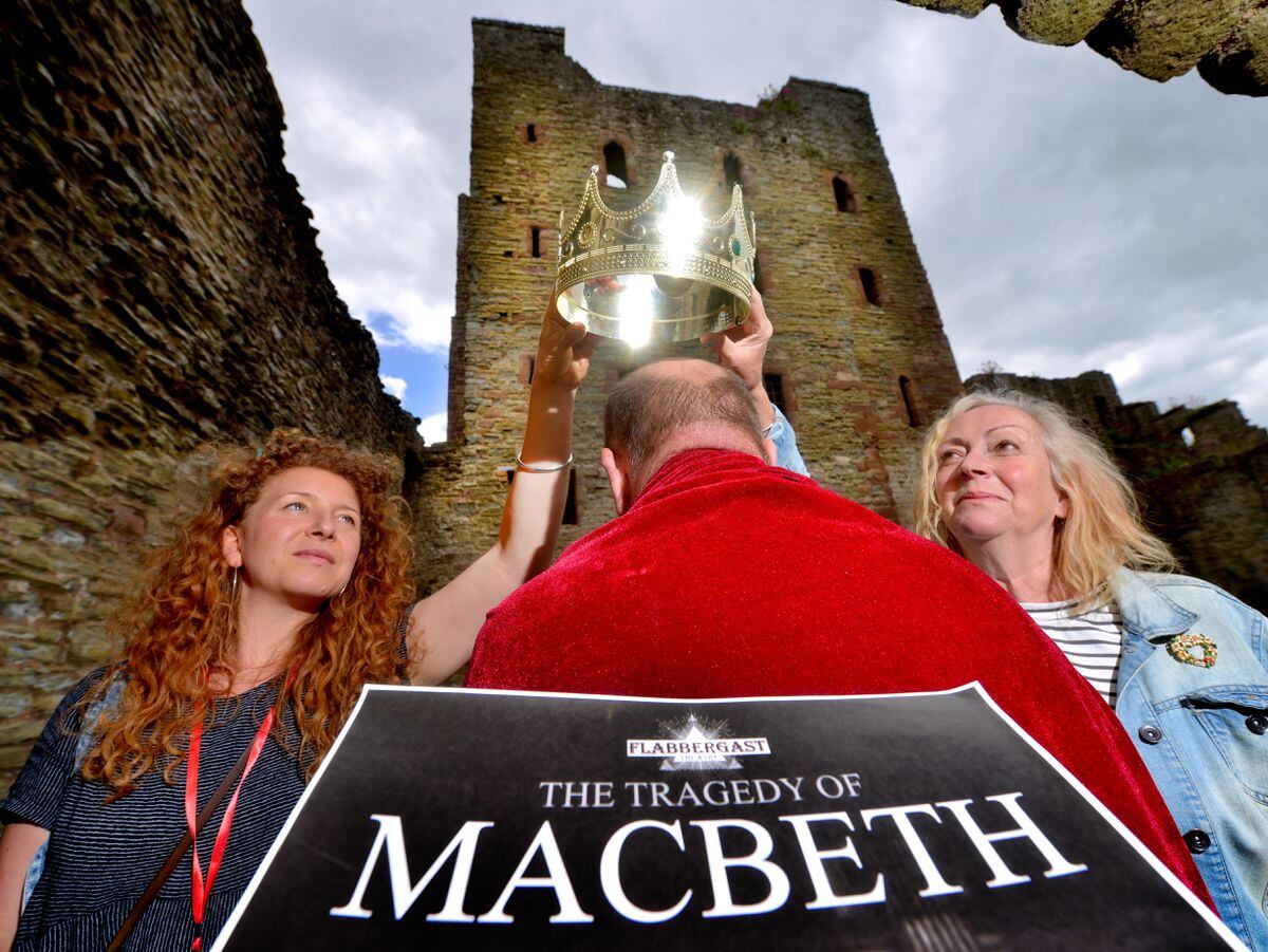 Getting set for The Tragedy of Macbeth at Ludlow Castle are groundsman Nigel Jones with Jess Laurie and Anita Bigsby, from Ludlow Fringe Festival