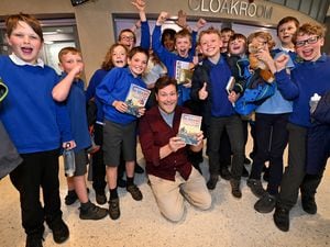 Bookfest winning author Joe Brady meets pupils from Longnor Primary School, at Theatre Severn, Shrewsbury