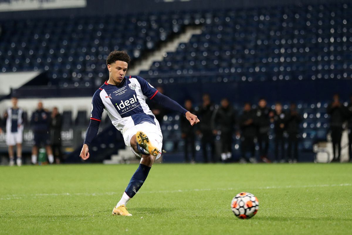 Ethan Ingram of West Bromwich Albion scores a penalty to make it 5-4 after penalty shoot out during the West Bromwich Albion U23 v Wolverhampton Wanderers U23: Premier League Cup Final at The Hawthorns on May 13, 2022 in West Bromwich, England. (Photo by Adam Fradgley/West Bromwich Albion FC via Getty Images).