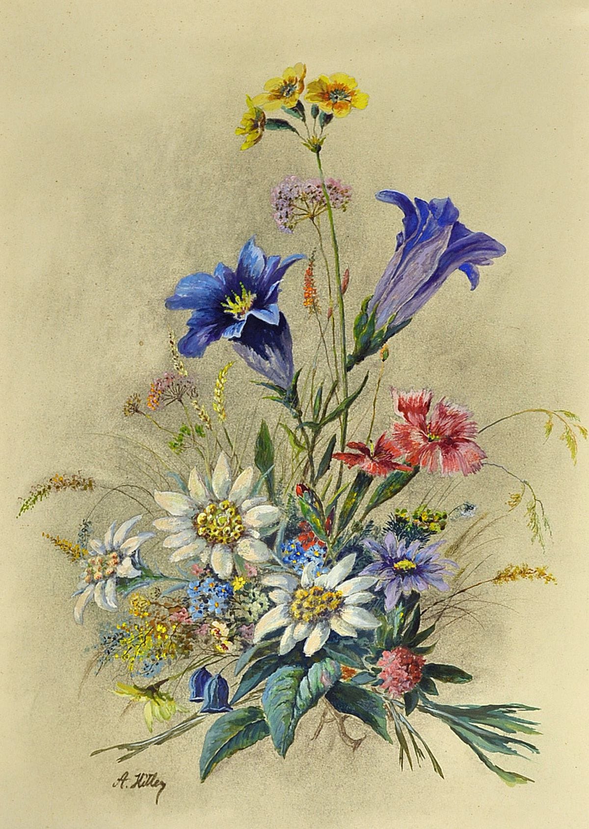 An artwork attributed to Adolf Hitler of an Alpine bouquet with edelweiss
