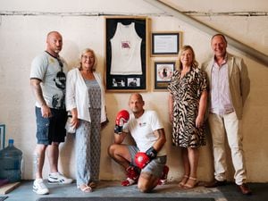 The Asquith's family present Slammers Boxing in Broseley with a shirt worn by Olympic Boxer, Thomas Nicholls. In Picture L>R: Nathan Asquith, Carol Strangwood (Thomas' daughter), Kieron Grey (Slammers Boxing), Jane Asquith (Alan Asquith's Widow) and Mark Nicholls (Thomas' Son)