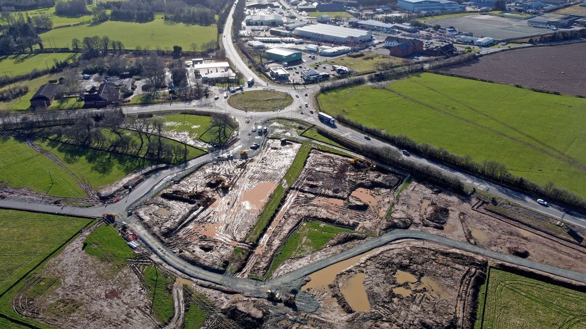 Road works on the connecting road at Mile End roundabout, Oswestry 