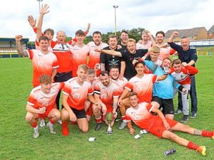 TF3, above left, and Telford Scaffolding Services, above right, celebrate their cup triumphs at Shifnal Town’s Acoustafoam Stadium      Pictures: Paul Quinn