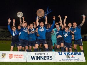 Whitchurch Alport lift the 2022/23 TJ Vickers Premier Cup trophy on May 9 2023 after a comfortable 4-0 victory over county rivals Market Drayton Town at the New Bucks Head in Telford. Pic: Craig Thomas