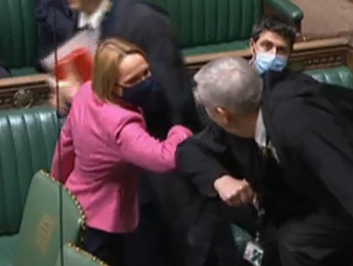 New North Shropshire MP Helen Morgan elbow bumps the Speaker after being sworn in at the House of Commons