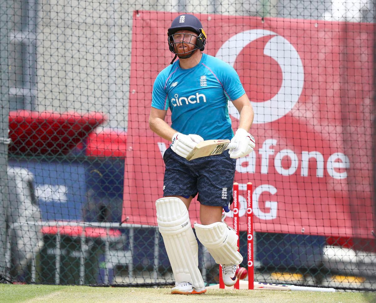 England's Johhny Bairstow practices during their training session at the Gabba ahead of the first Ashes cricket test in Brisbane, Australia, Sunday, Dec. 5, 2021. (AP Photo/Tertius Pickard).