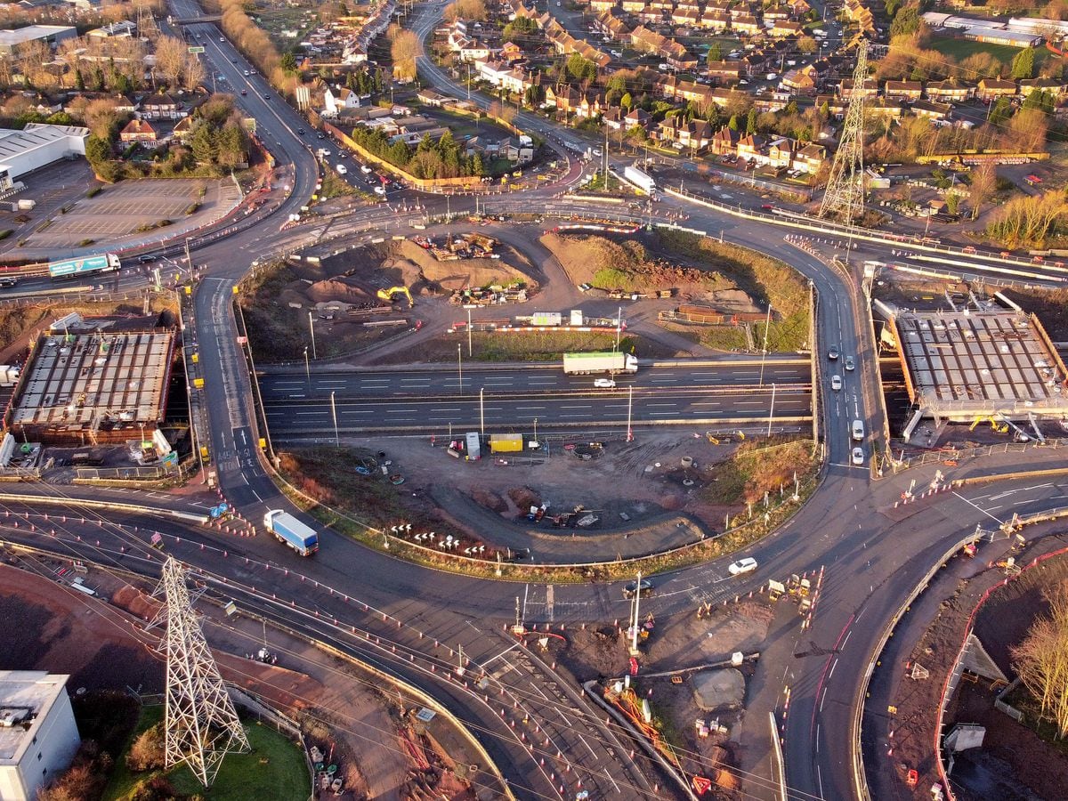 Aerial photo showing progress of roadworks at junction 10 of the M6 with new bridges in place