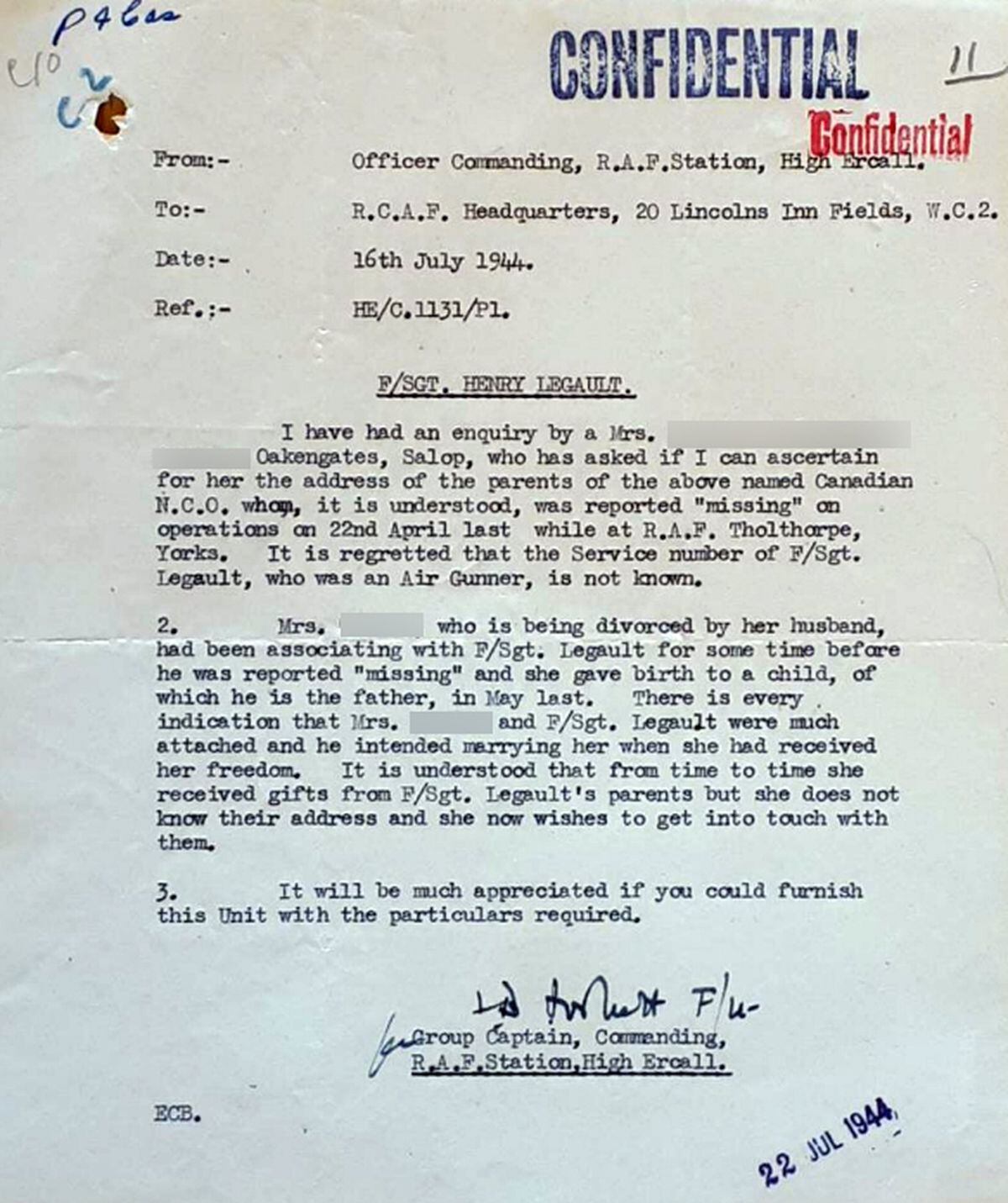 A letter from the commanding officer of RAF High Ercall seeking help in putting Henri's Shropshire lover in touch with his family in Canada. We have obscured her name and exact address.