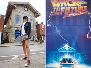 Jasmine Jalaf outside Ellesmere's old Town Hall and, right, a poster for Back to the Future The Musical being staged in London
