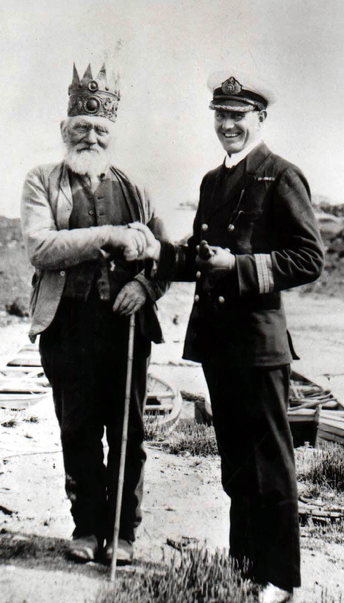 Love Pritchard, left, the king of Bardsey Island, pictured in 1925 with a Captain Jarret of Trinity House. 