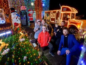 With their Christmas lights are Louise Pickering with Joseph Rushton and Leon Medlicott 11, McKenzie Rushton two, Shaun Pickering and Ryan Pickering