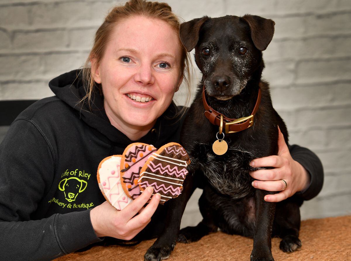 Owner Sarah Meredith is pictured with Riley the dog and some of the products