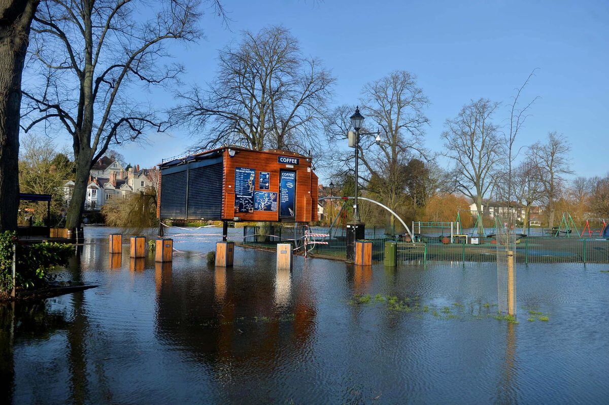 Paths flooded in Shrewsbury's Quarry Park where the cafe is raised up on stilts