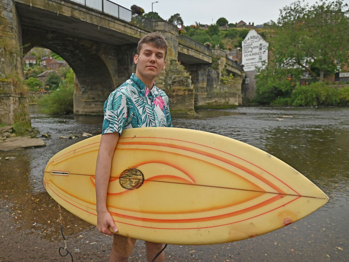 Dylan Haynes, 17, with the 1970s surfboard in Bridgnorth