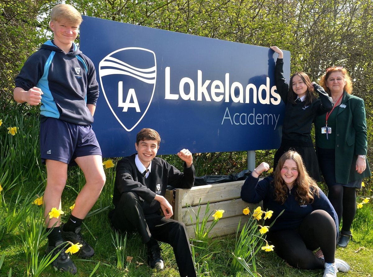 Head at Lakelands Academy, Sophy Bellis with pupils:Tyler Smith, Josh Martin, Katie Ryder and Morn (crr) Williams