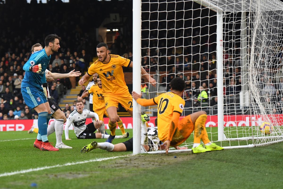 Romain Saiss of Wolverhampton Wanderers celebrates after scoring a goal to make it 1-1.