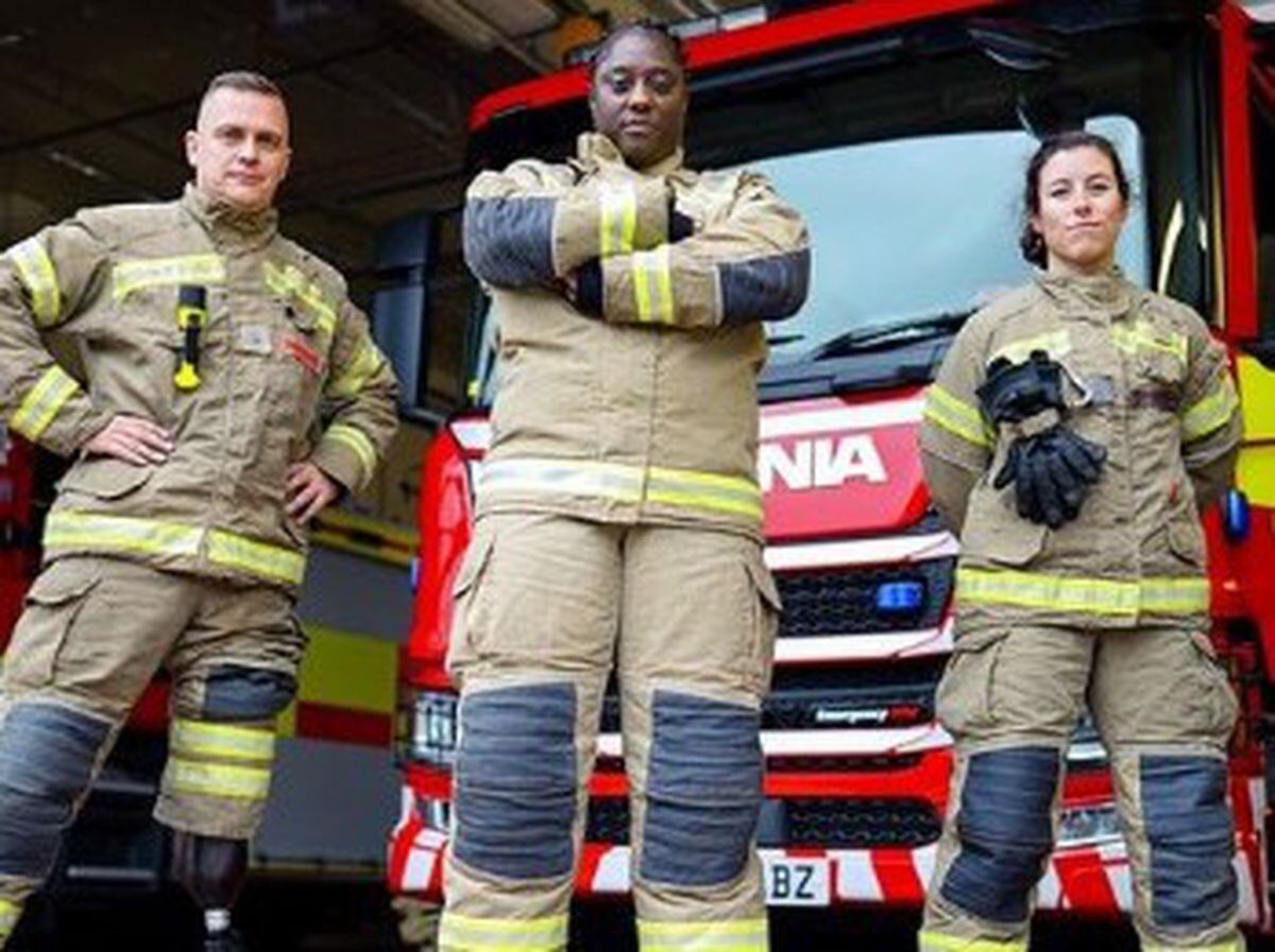 Station Commanders Simon Hawkins and Debs Davies, and Firefighter Leanne Player carrying out their roles. Picture courtesy BBC