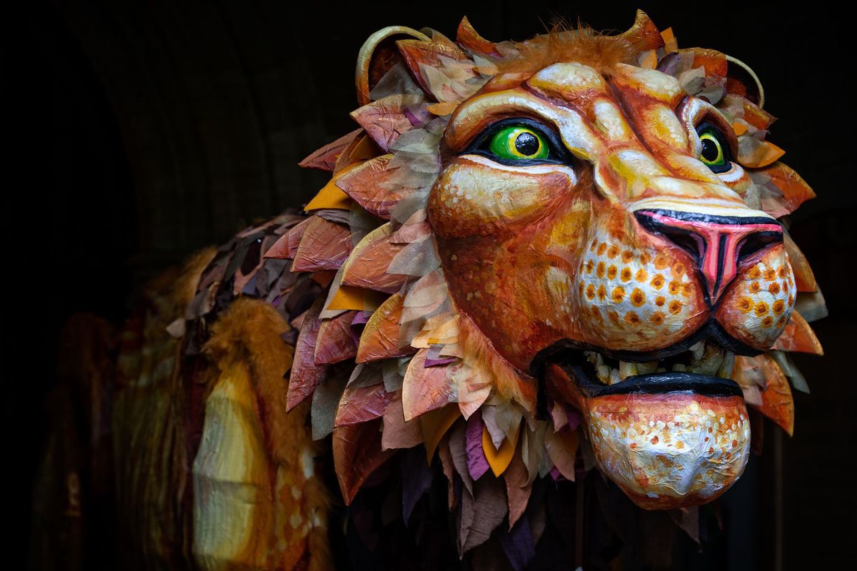 Kyiv, the Leominster Lion emerges from the Priory Church at the Leominster Festival Family Fun Day June 2022 Credit Richard Shakespeare. Picture: Richard Shakespeare