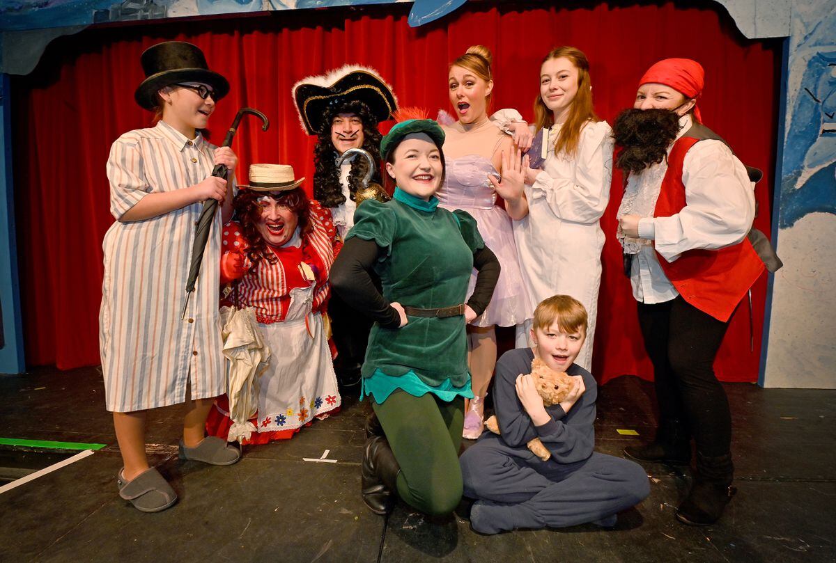 The cast get ready for the production of Peter Pan at the Little Theatre, Telford; Cathy Rawlings, Mike Rawlings, Simon Whitehouse, Nina Aver, Emma Finch, Eva Weston, Ethan McQuaid and Leah Hancox.