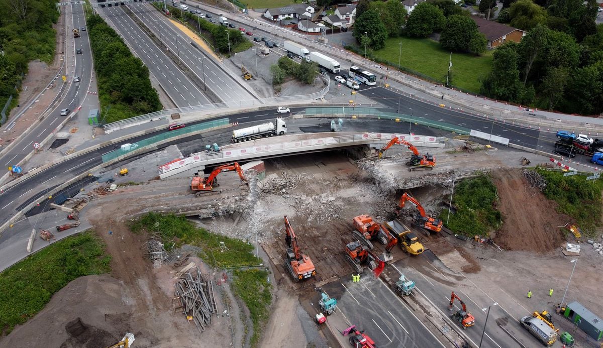 Drone shot of the north bridge being demolished at Junction 10 of the M6 at Walsall. Photo: Tim Thursfeld.
