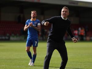 Matt Taylor the head coach of Shrewsbury Town celebrates winning the game at full time (AMA)