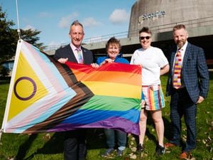 At Shirehall to mark the start of Shrewsbury Pride were, from left: Phil Davies, Lezley Picton, Jens Bakewell and Mark Barrow