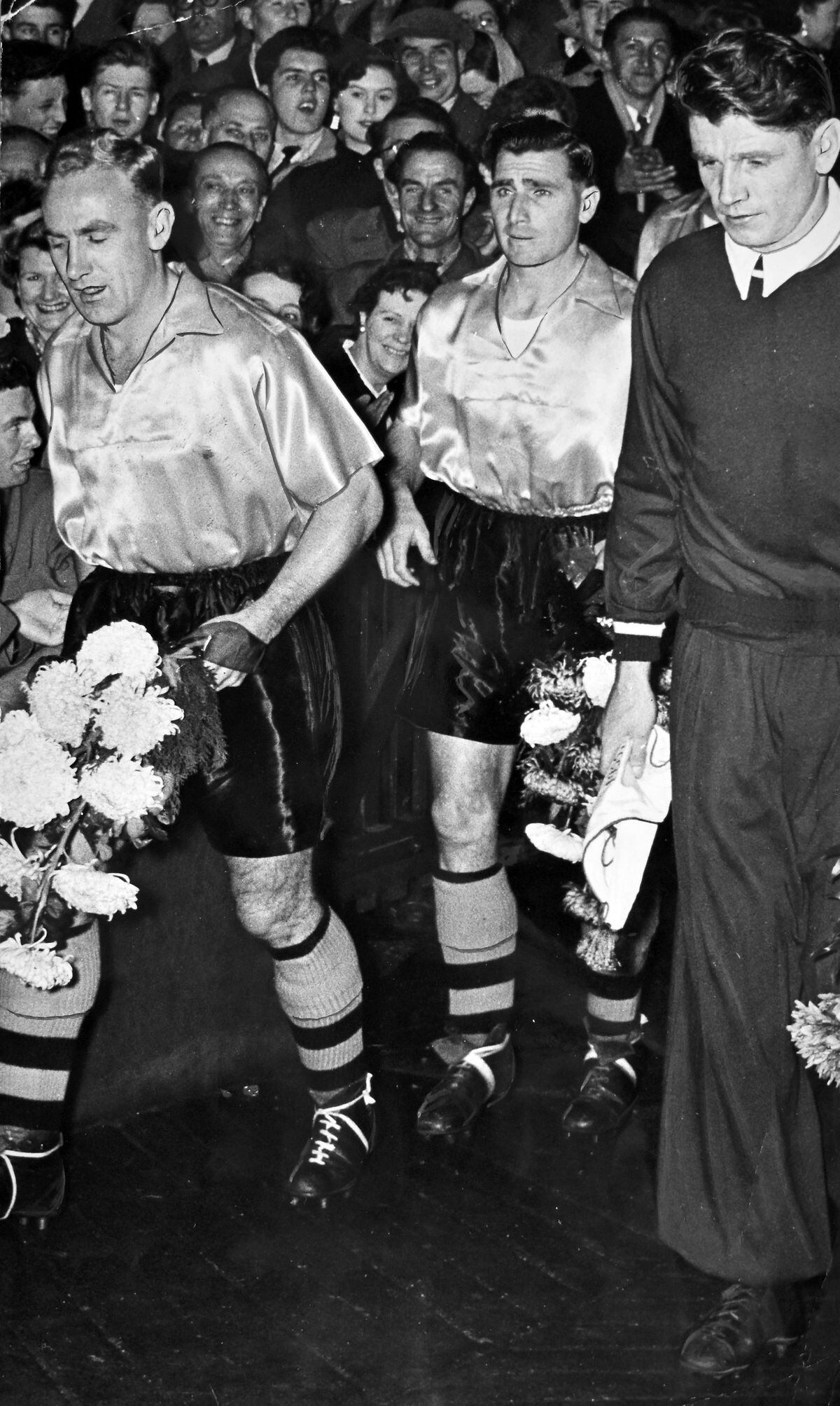 The Fabulous Fifties... Billy Wright leads his team for Wolves v Dynamo Moscow at Molineux, Wednesday November 9, 1955.