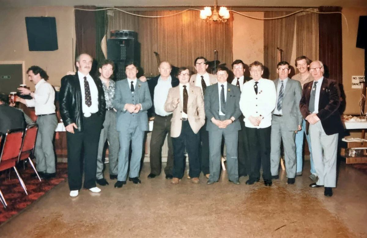 Miners at Hills Lane Social Club, Madeley, at an event marking the end of the strike in March 1985. Jim is third from left of the line-up.