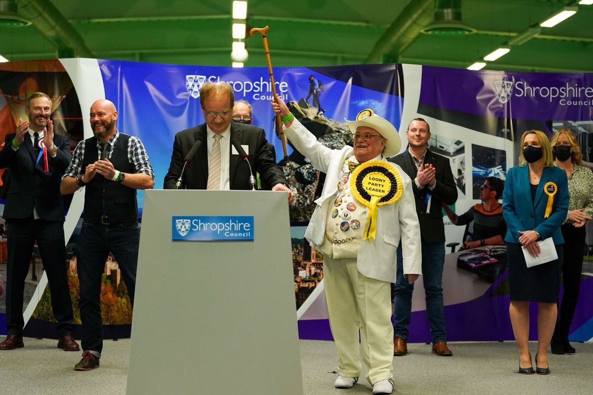 The Official Monster Raving Loony Party candidate Howling Laud Hope celebrates at the declaration