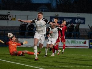 Harry Flowers (6) (AFC Telford United Defender)  celebrating getting a foot on the ball to direct it into the back of Spennymoor’s net