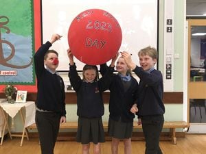 St Lucia's C of E Primary School, in Upton Magna, with their giant red nose