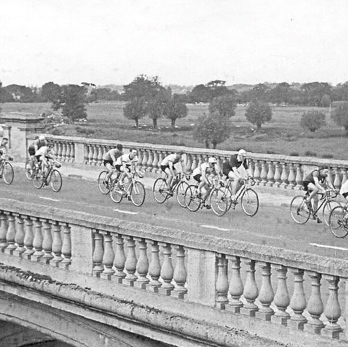 Riders in a ground-breaking Llangollen-to-Wolverhampton road race pass over Atcham Bridge. Picture supplied by Shrewsbury cycling historian Jim Leach