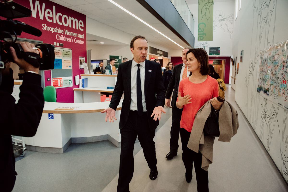 Lucy Allan speaking with former Health Secretary Matt Hancock during a 2019 visit to Princess Royal Hospital in Telford.
