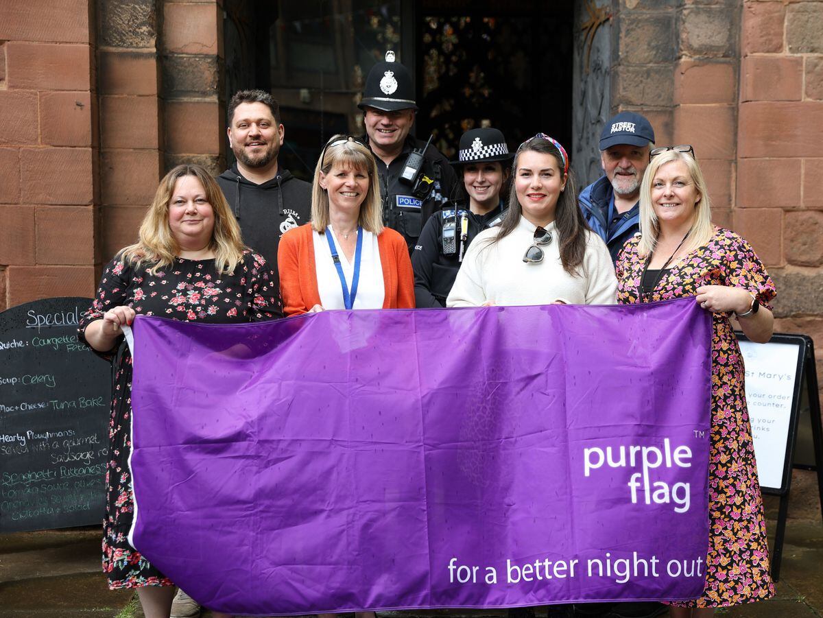 Amanda Spencer from Shrewsbury Town Council is pictured with James Hitchin, The Alb and Pubwatch chairman; Ruth Jones, Shrewsbury Town Council; PC Richard Walters, PC Catrin Hughes; Stephanie Mansell-Jones, Shrewsbury BID; Nick Webb, Street Pastors and Wendy Faulkner, from The Ark.