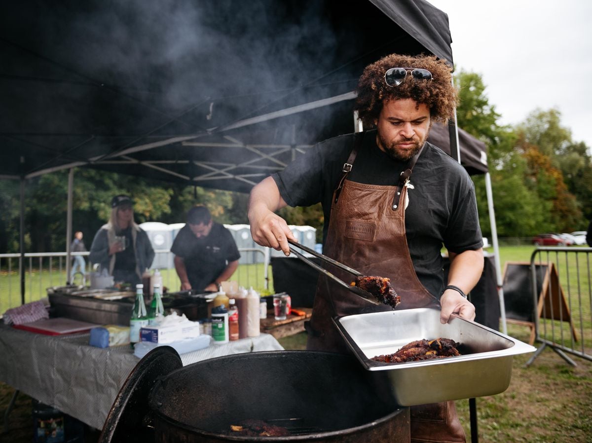 Adam Purnell, known as the 'Shropshire Lad', cooking food for the last day of the Festival of Imagination in Ironbridge