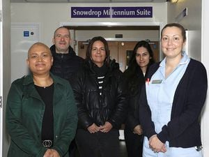 In front of Snowdrop Millennium Chemotherapy Suite in Deanesly Centre, from left, Sunny Mohindra-Payne, husband Trevor Payne, Nicola Barding, Next store manager at Telford Forge branch; daughter Yasmine Payne and Louise Tongue, staff nurse 