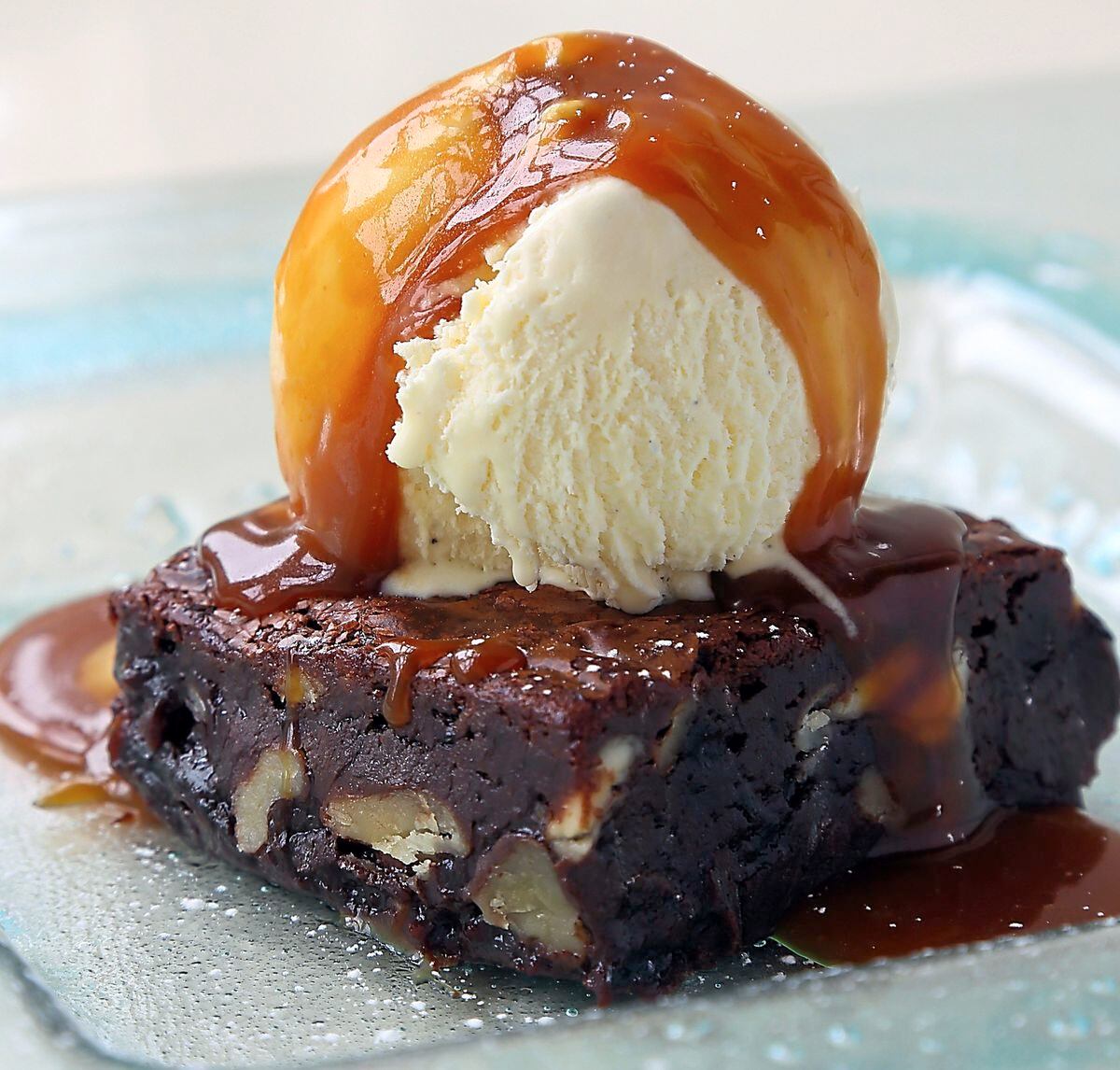 Walnut and Armagnac chocloate brownie with salted caramel & vanilla ice cream