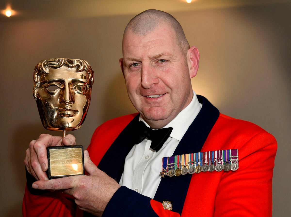 Garrison Sergeant Major Andrew ‘Vern’ Stokes with his Bafta award at Ironbridge Rotary Club dinner where he was guest speaker. Picture: Dave Bagnall