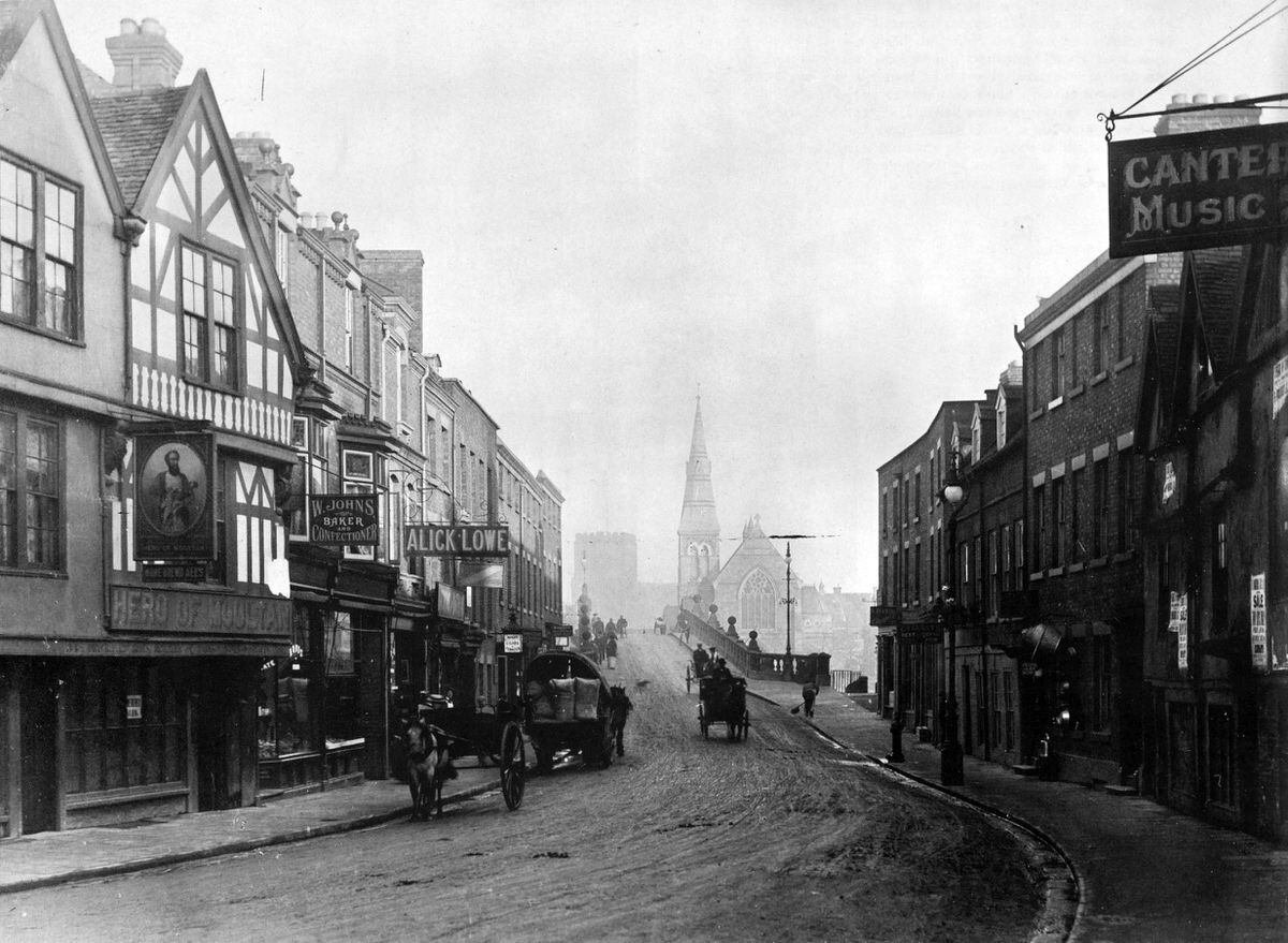 The same view at the bottom of Shrewsbury’s Wyle Cop, as it looks nowadays